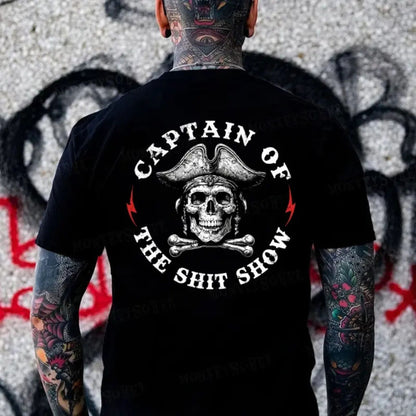 "Captain Of The Shit Show" T-Shirt - Skull Print Men's Tee, Funny & Casual Crewneck Top