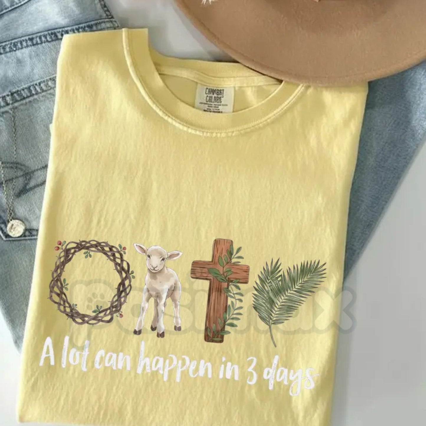 Comfort Colors® A Lot Can Happen In 3 Days T-Shirt – Christian Easter Graphic Tee, Resurrection Sunday Faith Shirt, Religious Palm Sunday Lamb & Cross Top