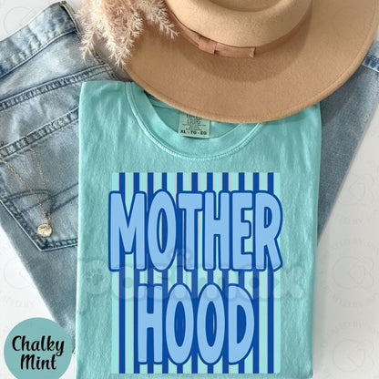 Comfort Colors® MOTHERHOOD Striped Preppy MAMA T-Shirt – Retro Varsity Mother's Day Tee, Coastal Chic Mama Shirt, Trendy Nautical Mom Gift