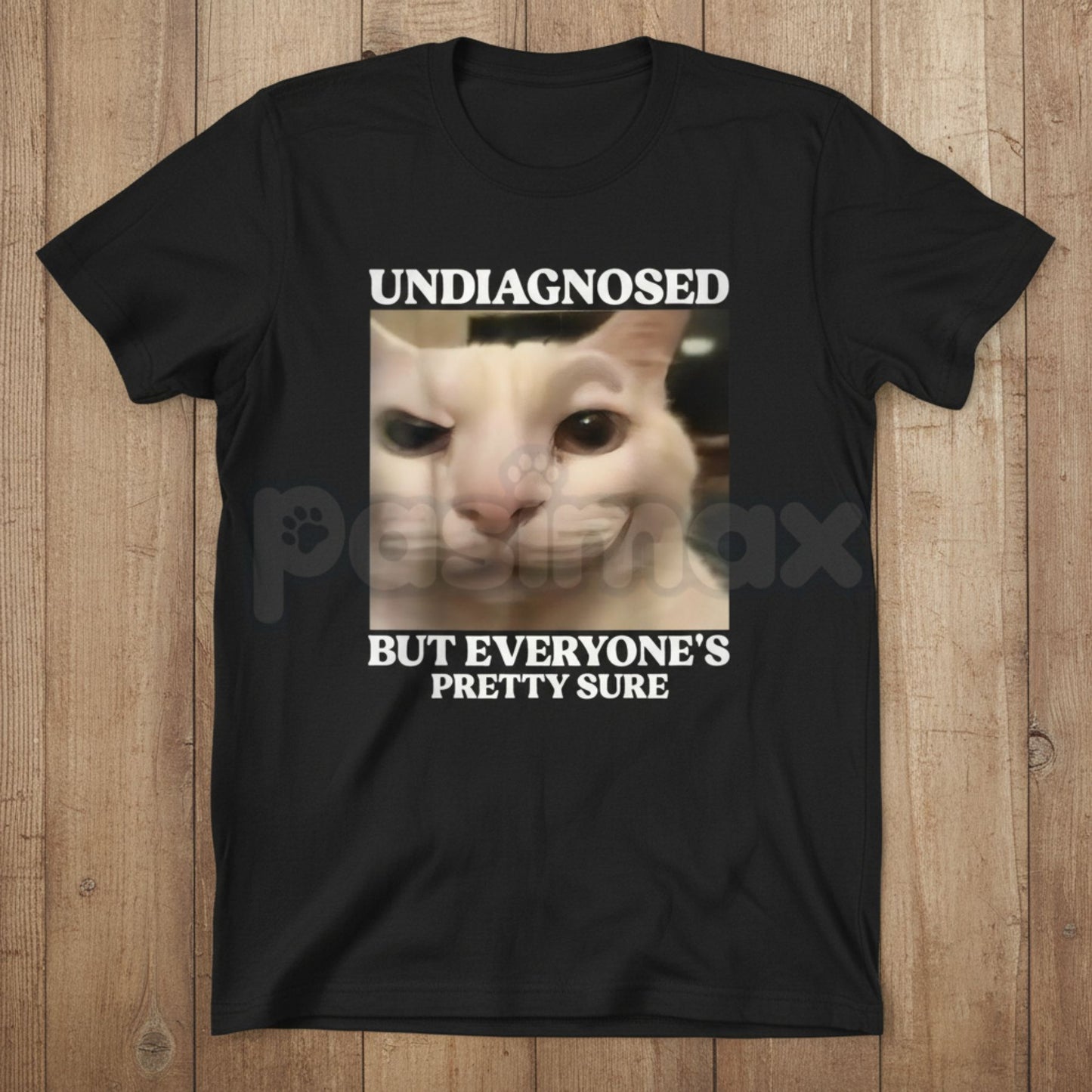"Undiagnosed But Everyone's Pretty Sure" Funny Silly Cat Meme T-Shirt - Relatable Mental Health Humor Tee, Self-Aware Slogan Apparel, Casual Summer Gift