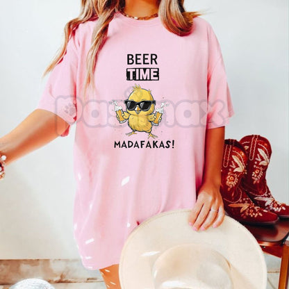 "Beer Time" Rustic Chicken Graphic T-Shirt - Bold Funny Drinking Apparel, Farm Humor Casual Tee, Weekend Relaxation Slogan Shirt