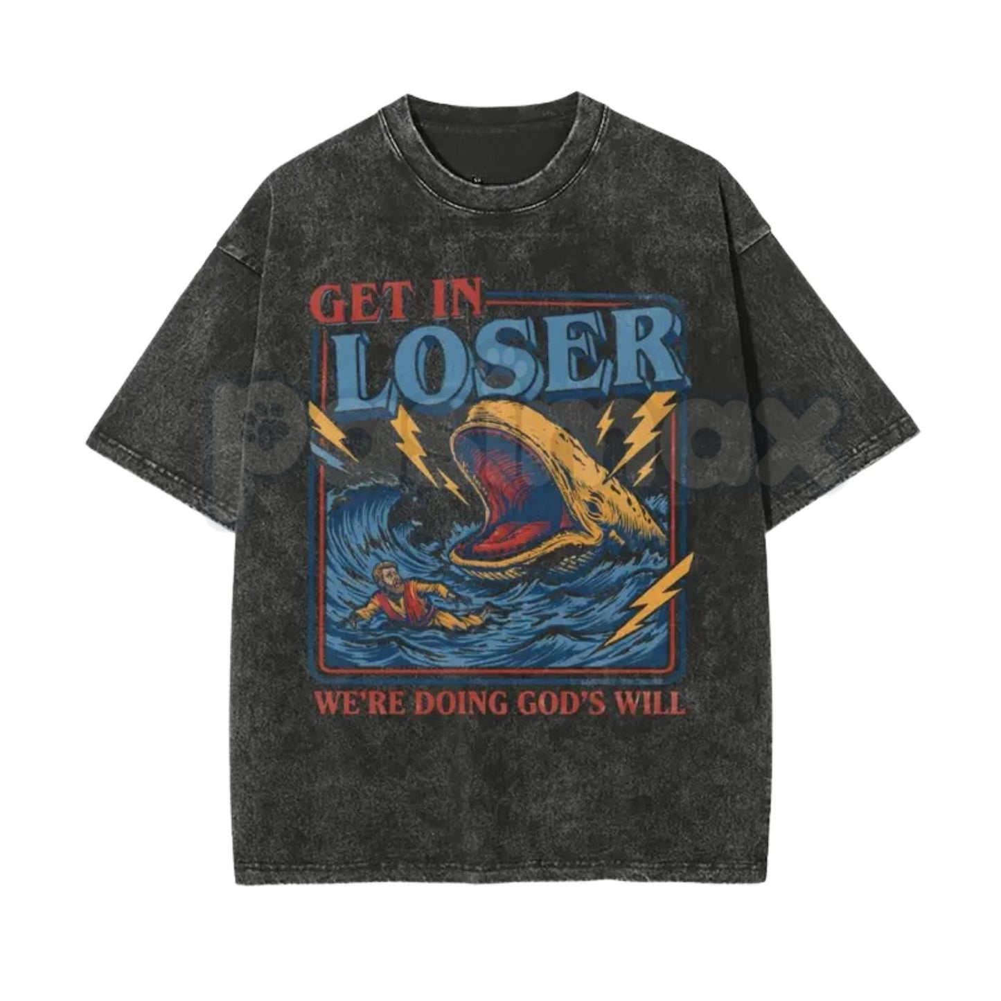 Christian Streetwear Jonah and the Whale T-Shirt – Get In Loser We're Doing God's Will Graphic Tee, Vintage Washed Faith Lightweight Cotton Top