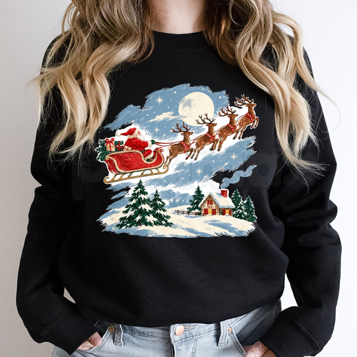 Vintage Santa Sleigh & Reindeer Sweatshirt | Snowy Cottage Winter Graphic Crewneck