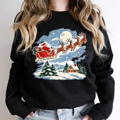Vintage Santa Sleigh & Reindeer Sweatshirt | Snowy Cottage Winter Graphic Crewneck