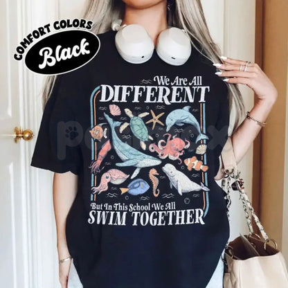 Comfort Colors® "In This School We All Swim Together" Teacher Shirt – Colorful Under the Sea Inclusion Tee, Special Education SPED Advocate Top, Kindergarten Classroom Gift