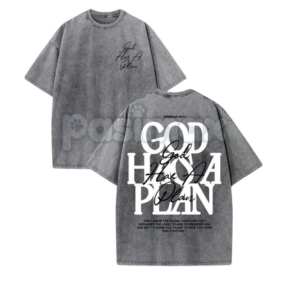 "God Has A Plan" Double Sided T-Shirt – Retro Washed Christian Letter Print, 230 GSM Cotton