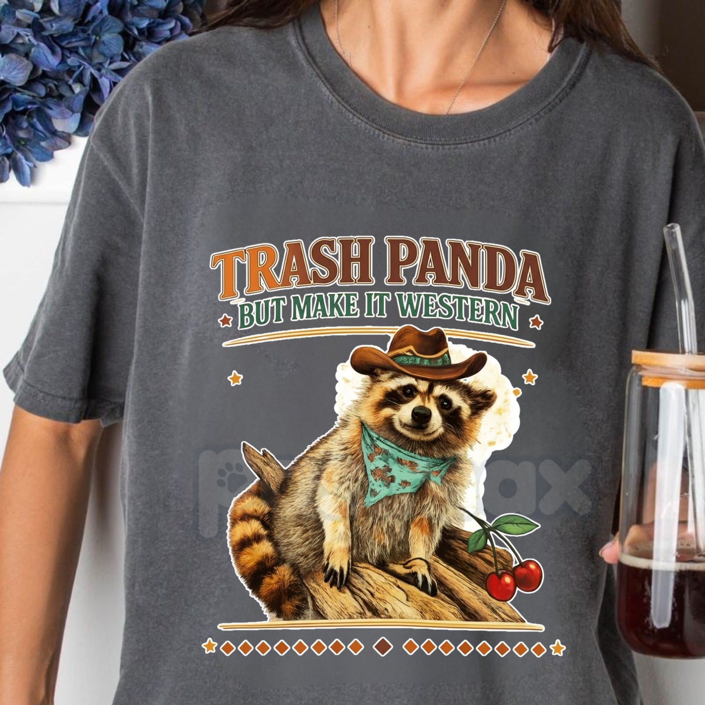 Comfort Colors® "Western Trash Panda" T-Shirt – Retro Cowboy Raccoon Tee, Desert Aesthetic Southern Trash Panda Shirt, Funny Wild West Animal Top