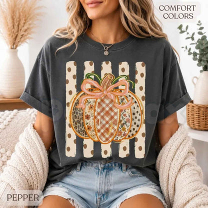 Comfort Colors® Patchwork Pumpkin T-Shirt – Preppy Fall Graphic Tee, Cute Autumn Pumpkin Patch Unisex Top & Gift