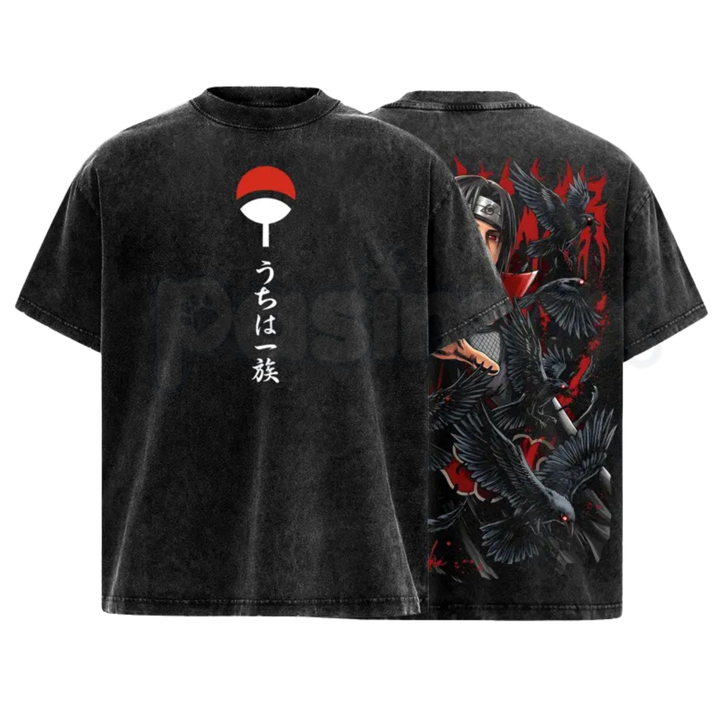 Uchiha Clan Slayer Red Eye T-Shirt – Crow Illusion Shinobi Graphic Tee, Oversized Vintage Washed Dark Ninja Streetwear