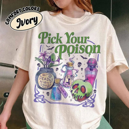 'Pick Your Poison' Vintage Disney Villain Tee – Halloween Potion Shirt, Wicked Humor Top, Spooky Retro Apparel