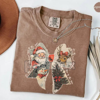 Comfort Colors® Cozy Women's Christmas T-Shirt – Nostalgic Holiday Bow Tee, Eco-Friendly Santa Reindeer Shirt, Vintage Winter Blue Jean