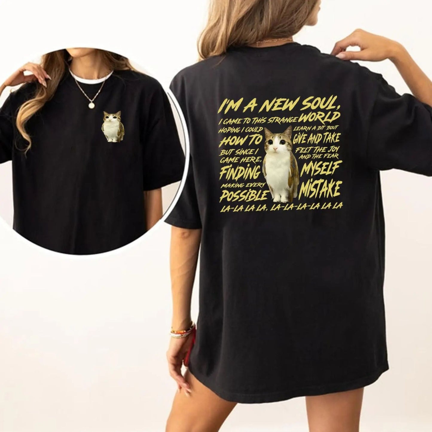 "New Souls" Double-Sided Meowl Meme T-shirt - Funny Cat Lover Gift, Unisex Brainrot Tee