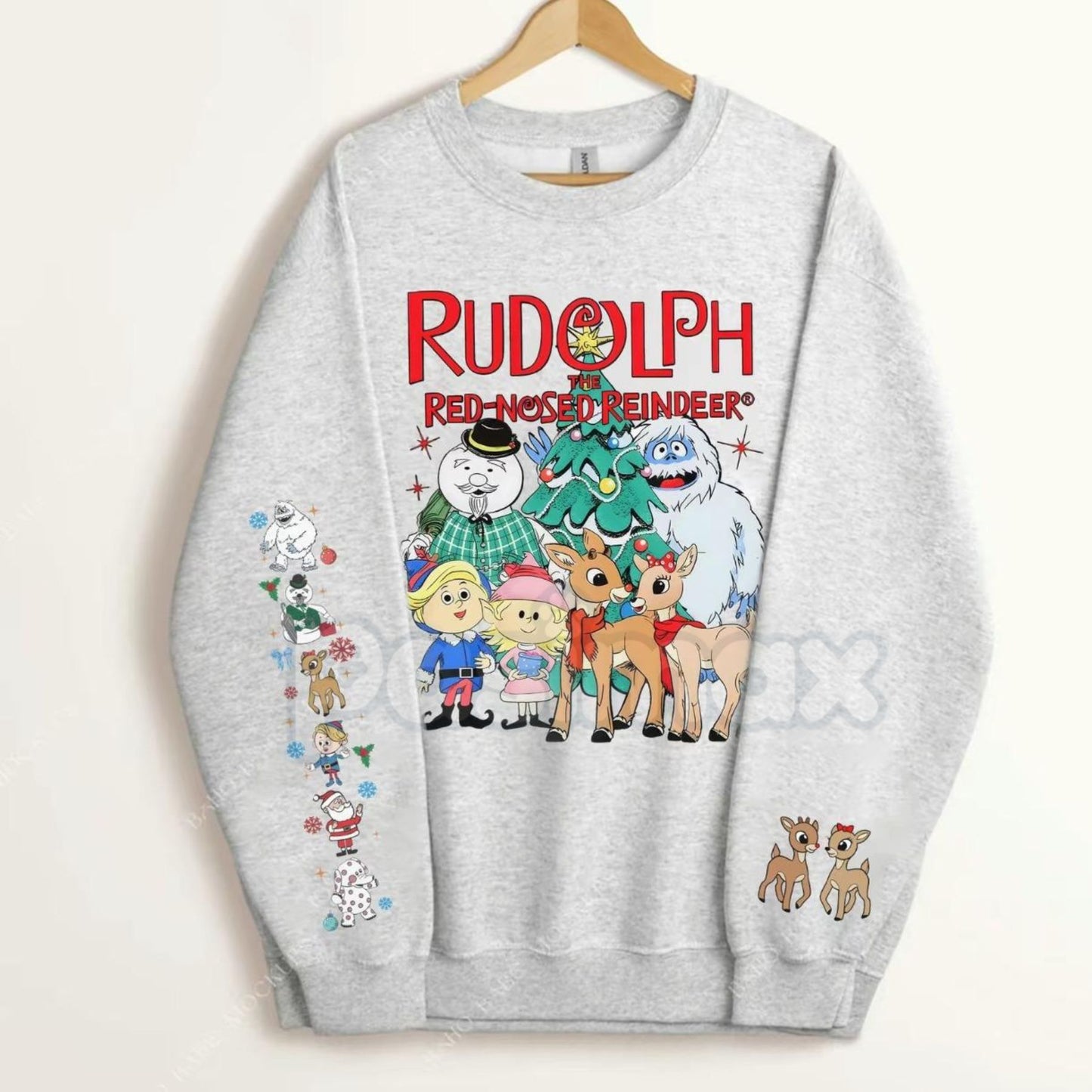 Rudolph Red Nosed Reindeer Sweatshirt with Sleeve Design | Nostalgic Christmas Jumper | Holiday Detail Crewneck