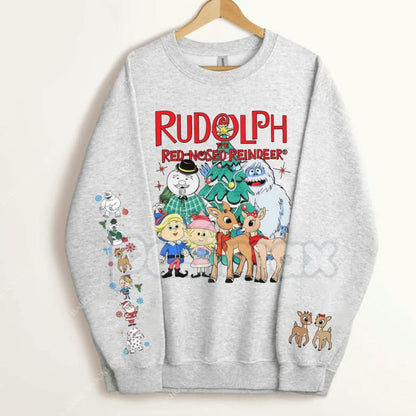 Rudolph Red Nosed Reindeer Sweatshirt with Sleeve Design | Nostalgic Christmas Jumper | Holiday Detail Crewneck