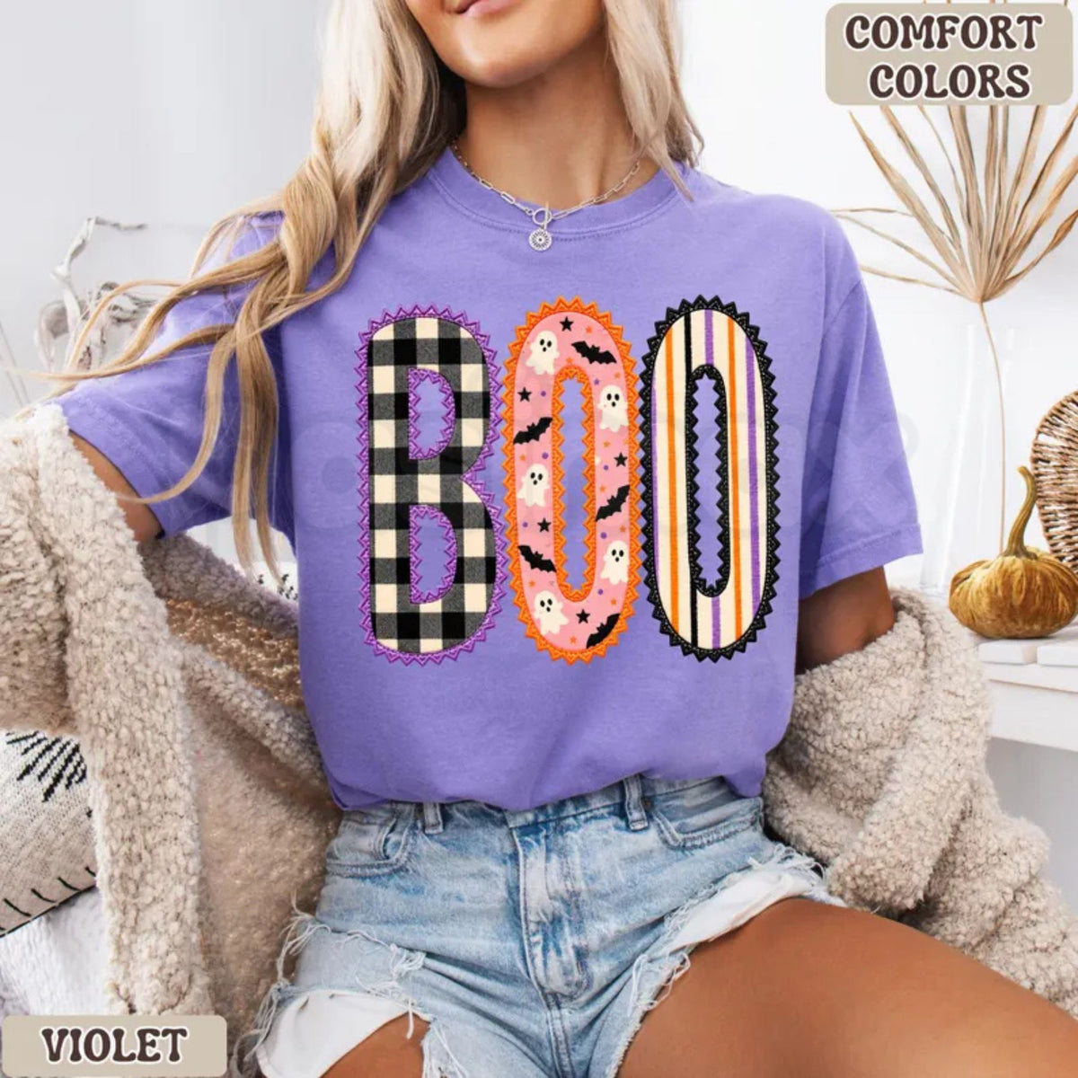 Comfort Colors® Preppy Boo Halloween T-Shirt – Gingham Ghost Graphic Tee, Cute Spooky Season Unisex Top & Fall Gift For Her