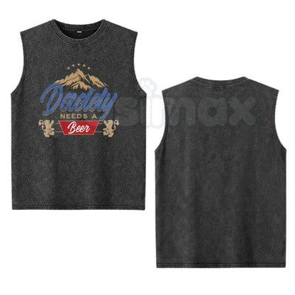 Men's Daddy Needs A Beer Tank Top – Retro Funny Drinking Graphic Sleeveless Shirt, Vintage Washed Lightweight Cotton Summer Top
