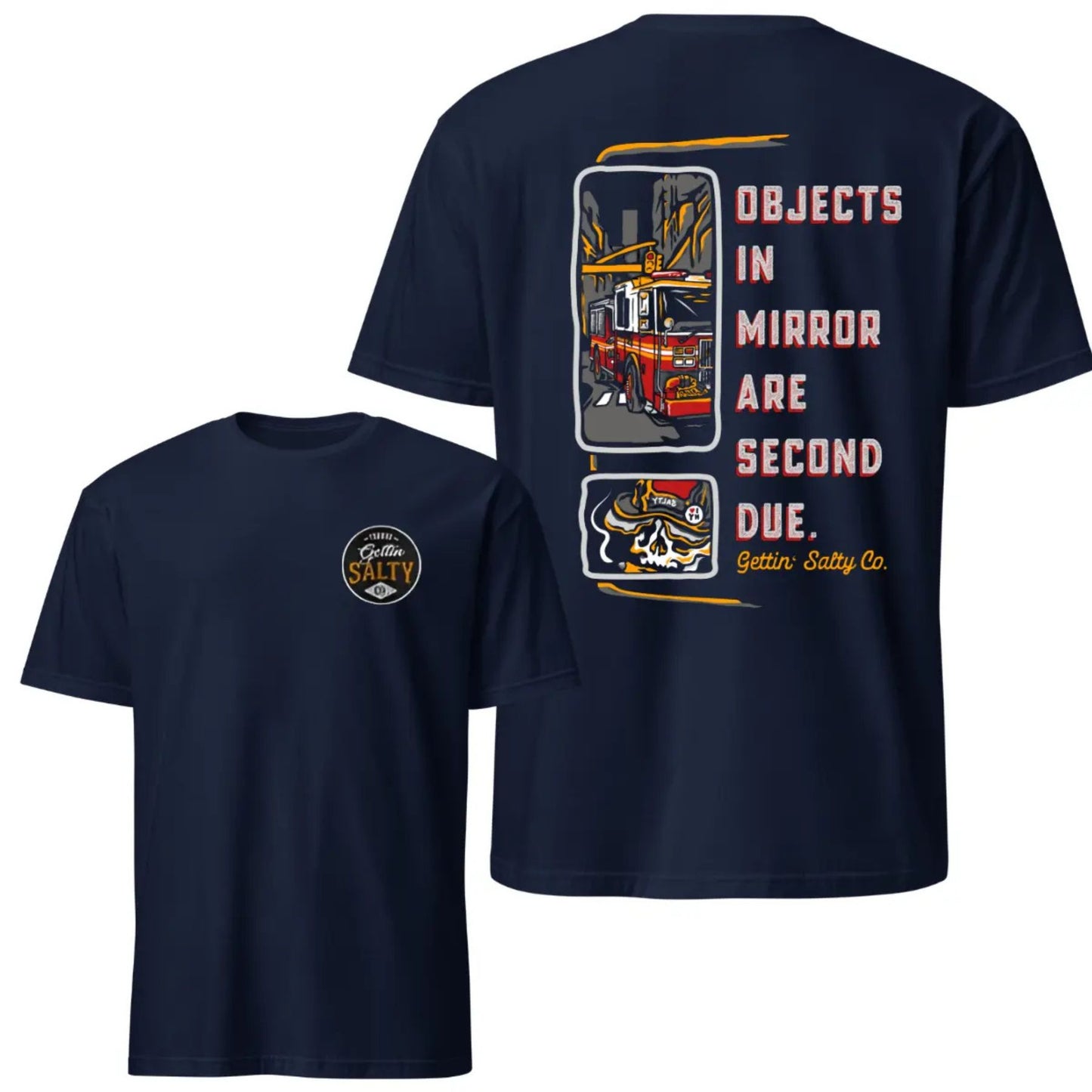 "Objects in Mirror" Firefighter T-Shirt - Vintage Fire Truck Graphic Tee, Firefighting Gift for Men & Women