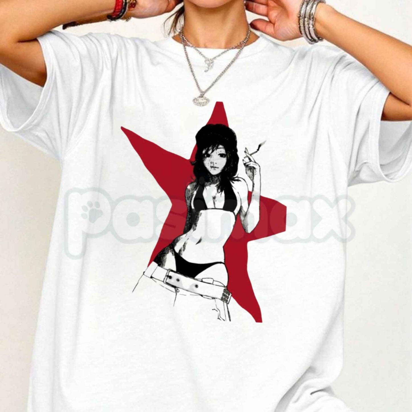 Cyberpunk Red Star Anime Girl T-Shirt – Vintage Futurist Unisex Graphic Tee