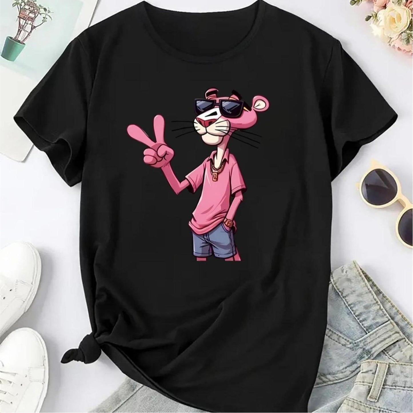 Women's Pink Panther Tee - Timeless Cartoon Graphic Shirt, Playful Casual Apparel
