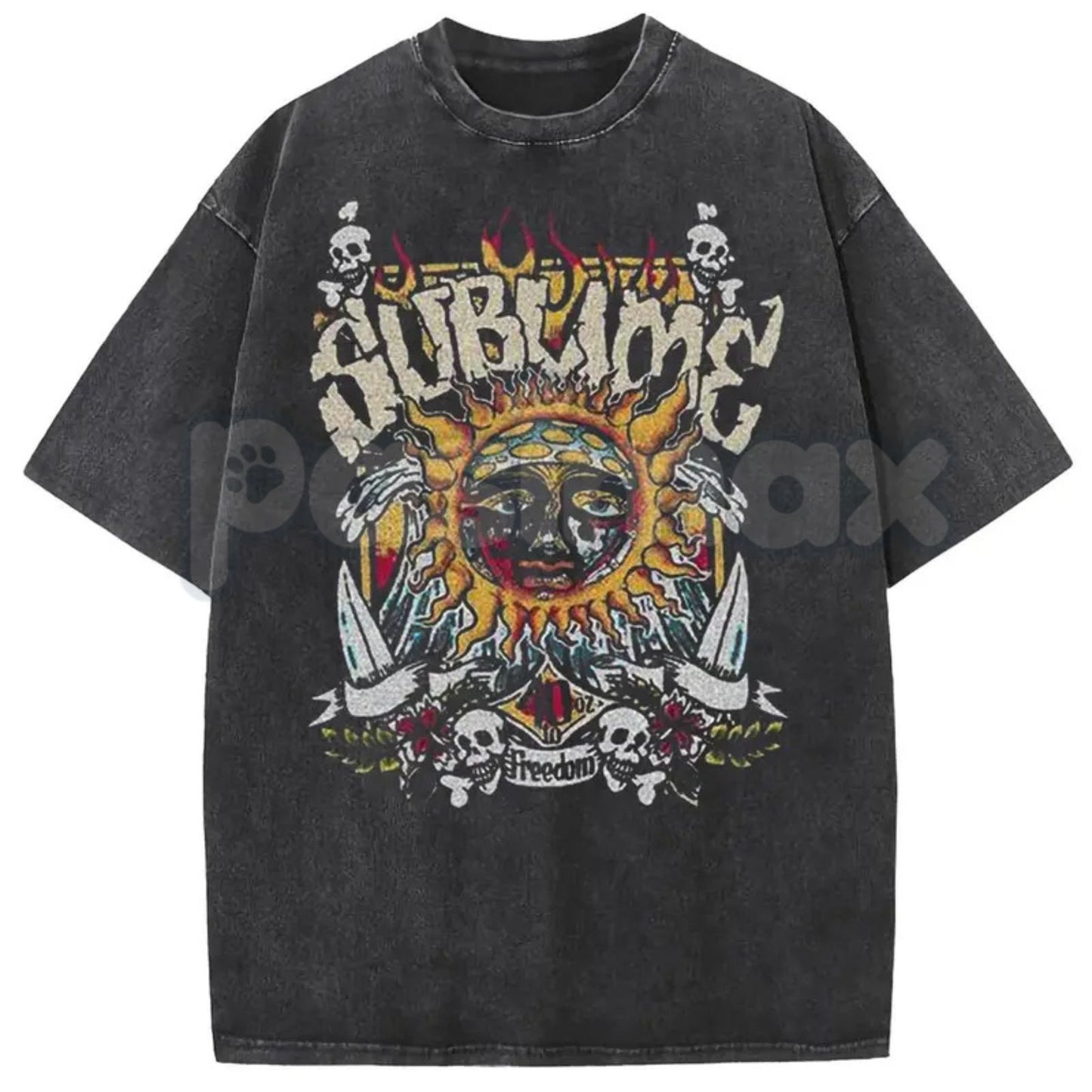 Sunland Oversized Sun Pattern T-Shirt – Acid Washed Unisex Celestial Graphic Tee, Lightweight Retro Cotton Streetwear Top