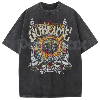 Sunland Oversized Sun Pattern T-Shirt – Acid Washed Unisex Celestial Graphic Tee, Lightweight Retro Cotton Streetwear Top