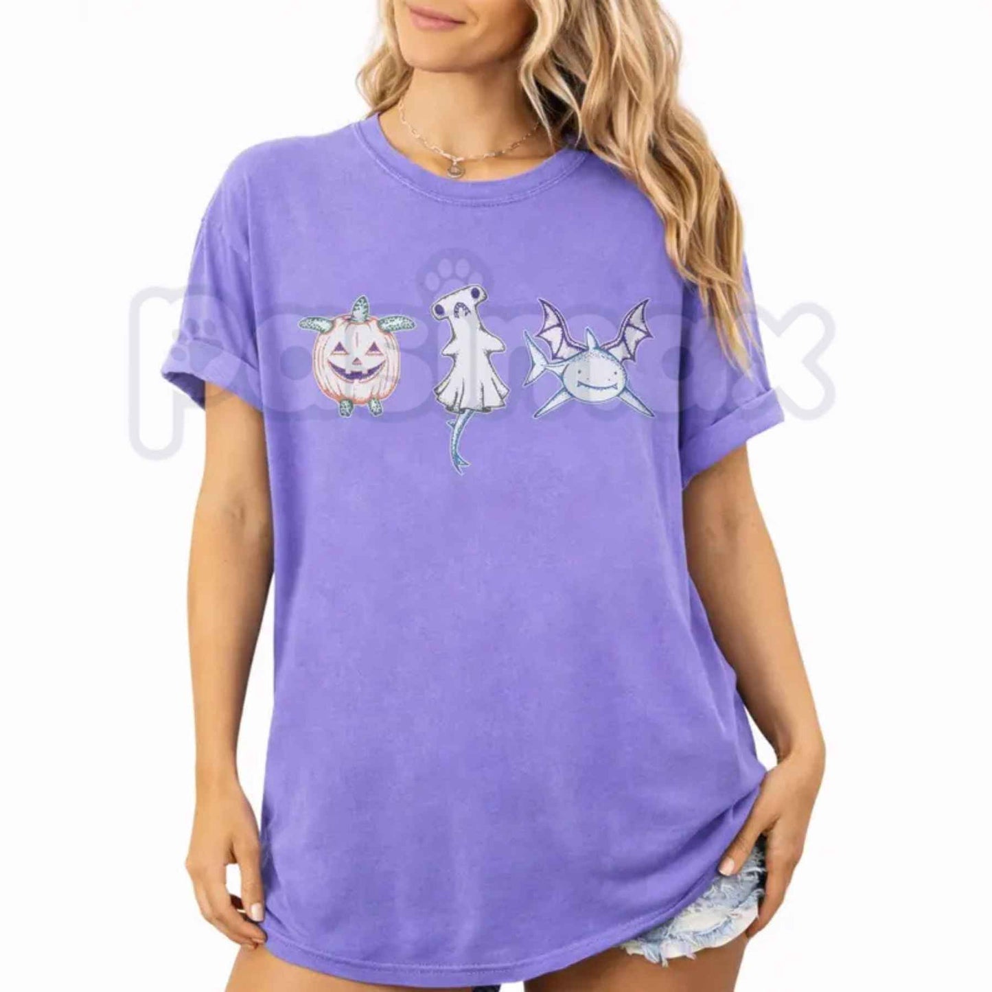 Comfort Colors® Halloween Shark T-Shirt – Pumpkin Turtle & Spooky Hammerhead Ghost Graphic Tee, Vintage Marine Life Unisex Top