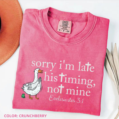 'Sorry I’m Late' Bible Verse Shirt – Comfort Colors Christian Humor Tee, Ecclesiastes 3:1 Church Shirt, Minimalist Silly Goose T-Shirt