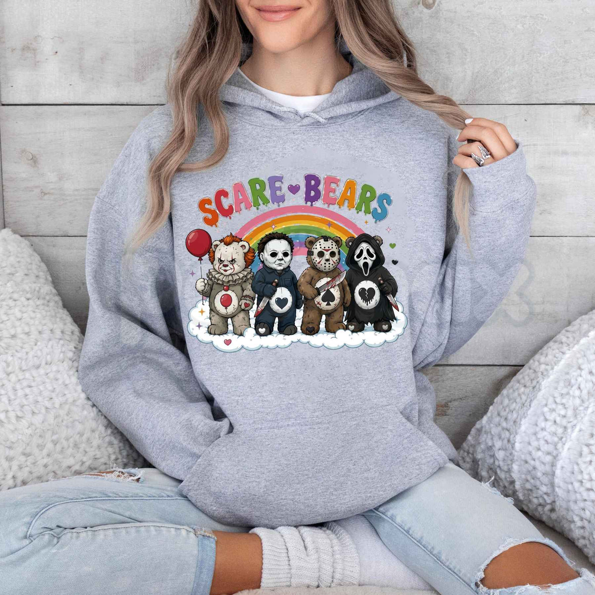 Scare Bears Cute Halloween Graphic Hoodie – Spooky Teddy Bear Pullover, Adorable Horror Vintage Style Sweatshirt, Unisex Heavy Blend