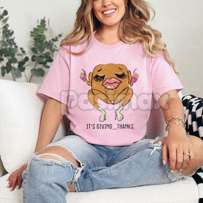 "It’s Giving Thanks" Thanksgiving Vibe Check T-Shirt - Modern Internet Humor Tee, Funny Turkey Day Streetwear, Viral Slang Apparel