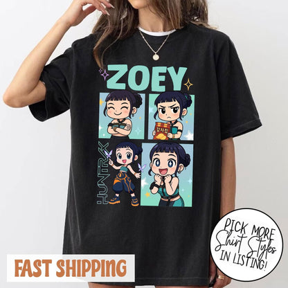 Huntrix Demon Hunter Zoey Chibi T-Shirt - K-Pop Demon Hunters Rumi Mira Joey Tee, Vintage Fan Merch Gift