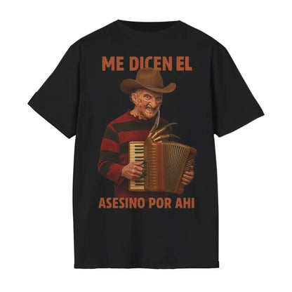 "Me Dicen El Asesino Por Ahi" T-Shirt - Funny Horror Movie Villains Accordion Tee, Jason, Freddy, Ghostface, Michael Myers