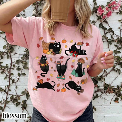 Comfort Colors® Retro Thanksgiving Black Cat T-Shirt – Vintage Cozy Season Graphic Tee, Cute Kitty Autumn Unisex Top