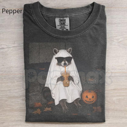Comfort Colors® Ghost Raccoon Coffee T-Shirt – Funny Halloween Iced Coffee Graphic Tee, Spooky Season Trash Panda Unisex Top & Gift