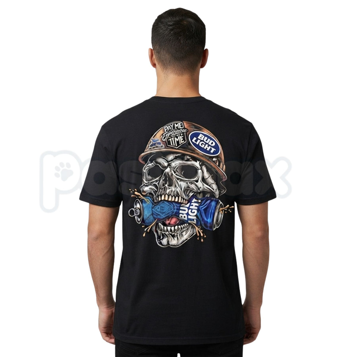 Skull Hard Hat Beer Can Back Print T-Shirt – Blue Collar Biker Graphic Tee