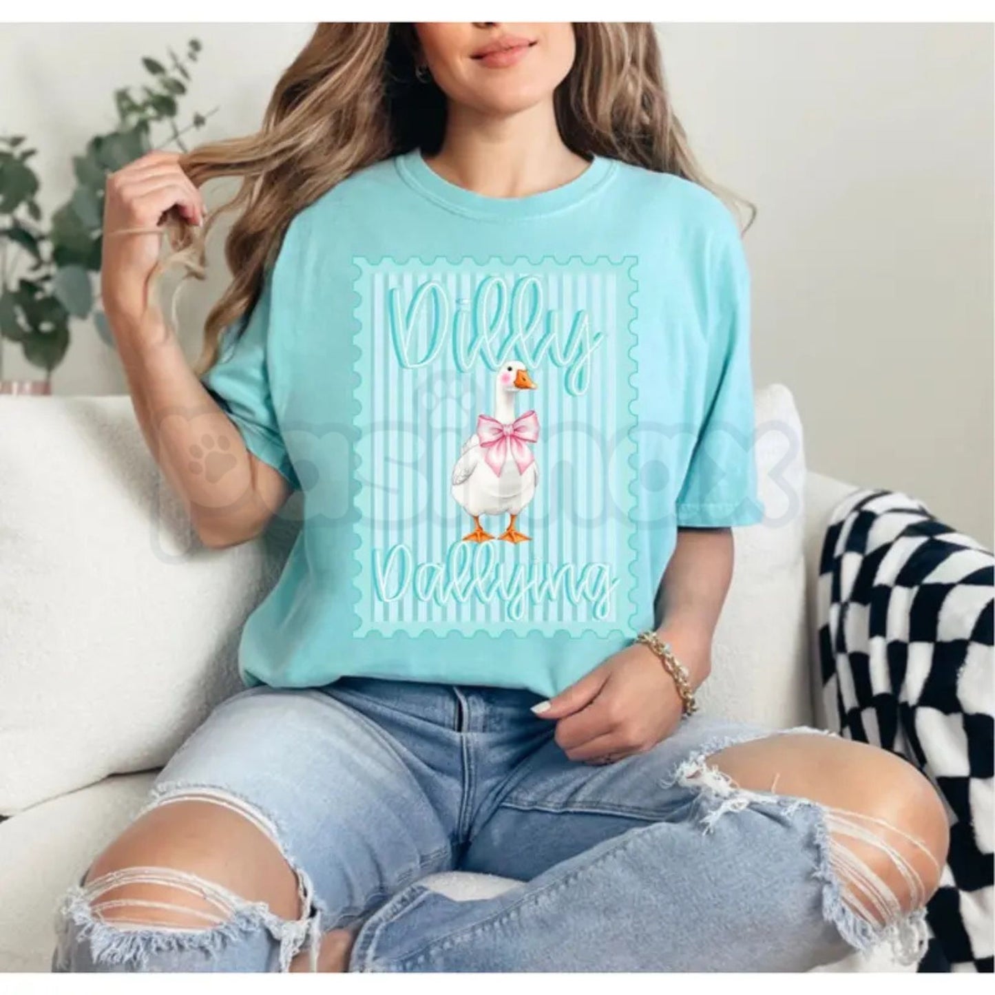 Comfort Colors® Preppy Dilly Dally Goose T-Shirt – Coquette Bow Goose Graphic Tee, Retro Striped Bow Stamp Shirt, Funny Preppy Aesthetic Gift for Her