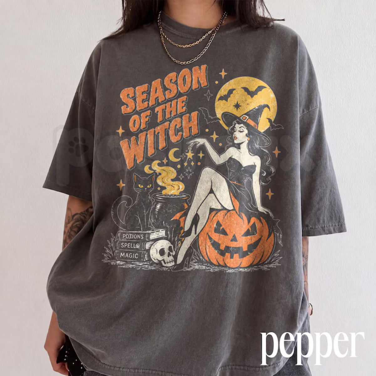 Comfort Colors® Season Of The Witch T-Shirt – Pin Up Witch Graphic Tee, Vintage Retro Halloween Unisex Top & Spooky Season Gift