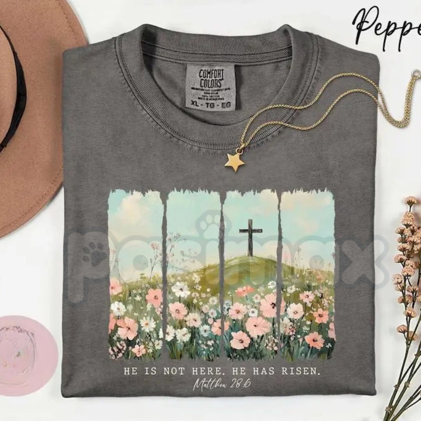 Comfort Colors® "He Is Not Here He Has Risen" T-Shirt – Matthew 28:6 Easter Bible Verse Shirt, Aesthetic Christian Resurrection Tee, Minimalist Faith-Based Gift