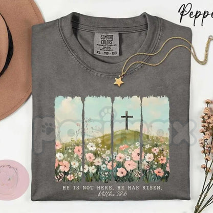 Comfort Colors® "He Is Not Here He Has Risen" T-Shirt – Matthew 28:6 Easter Bible Verse Shirt, Aesthetic Christian Resurrection Tee, Minimalist Faith-Based Gift