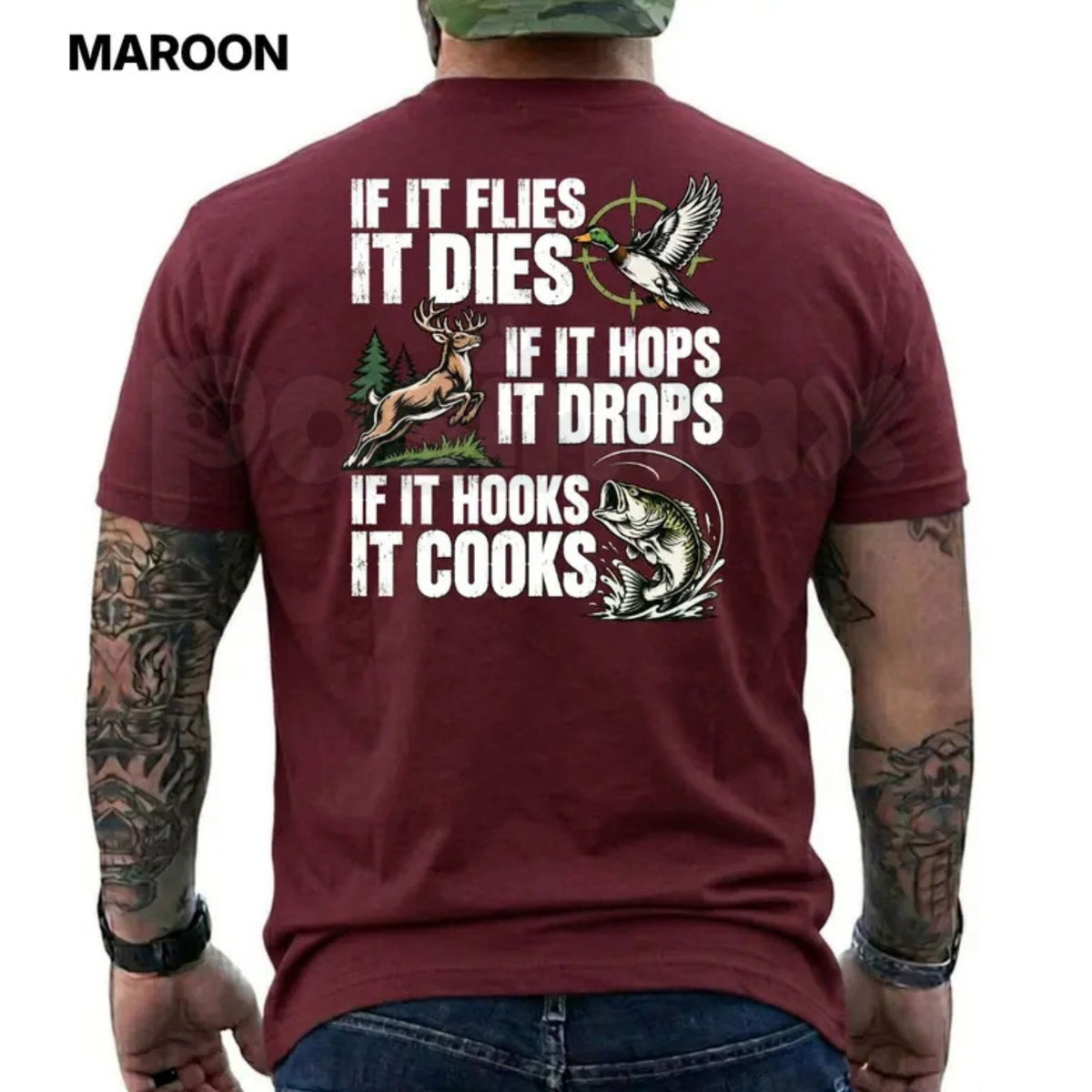 If It Flies It Dies If It Hops It Drops T-Shirt – Funny Hunting Fishing Graphic Tee