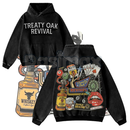 Retro Treaty Oak Revival Western Hoodie – Vintage Washed Pullover, Classic Americana Streetwear