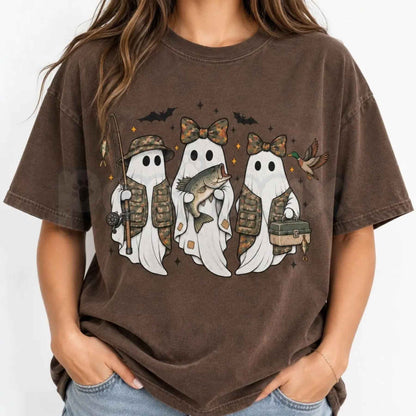 Comfort Colors® Fishing Season Ghosts T-Shirt – Camo Ghost Fishing Halloween Graphic Tee, Retro Outdoorsman Unisex Top & Gift