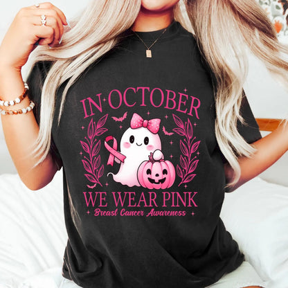 In October We Wear Pink T-Shirt - Retro Breast Cancer Awareness Tee, Halloween Pink Ghost Shirt