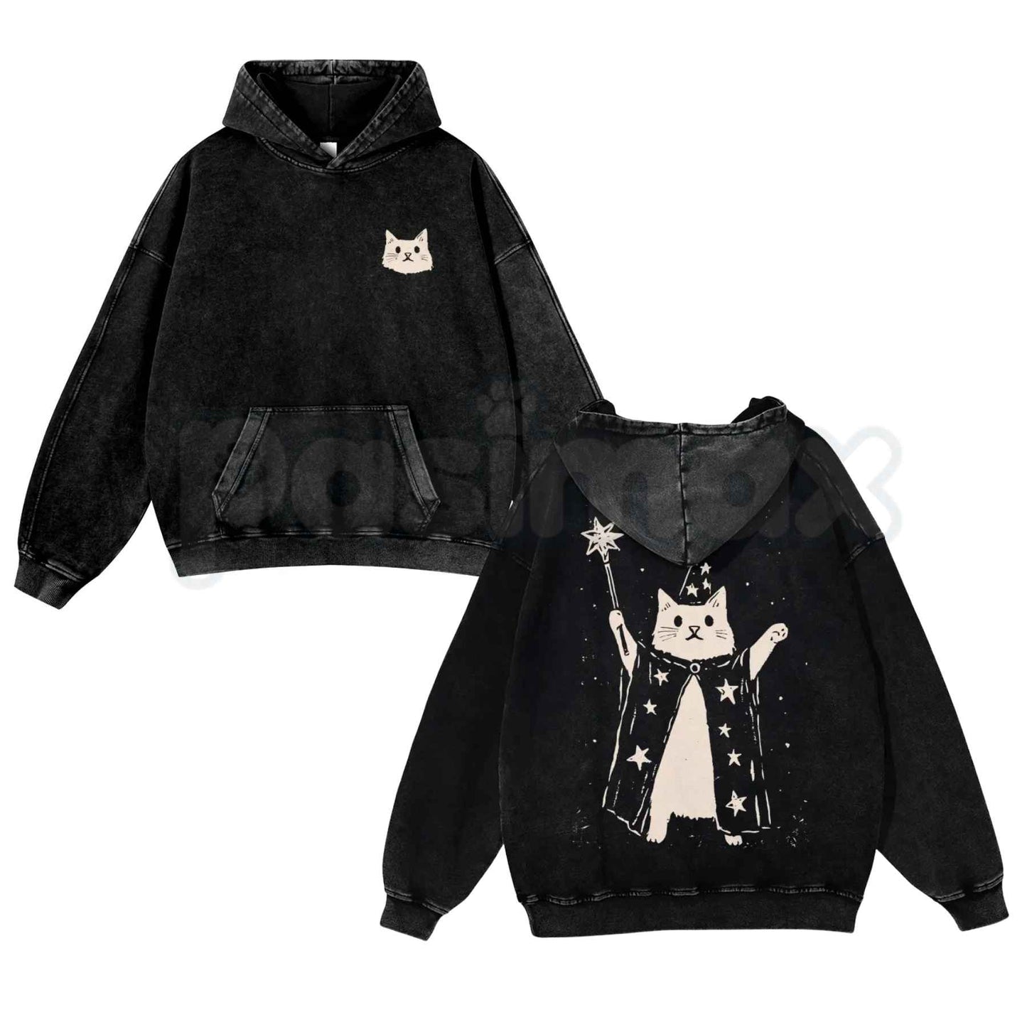 Vintage Washed Cotton Blend Wizard Cat Hoodie – Longsleeve Graphic Pullover, Pre-Shrunken Aesthetic Streetwear