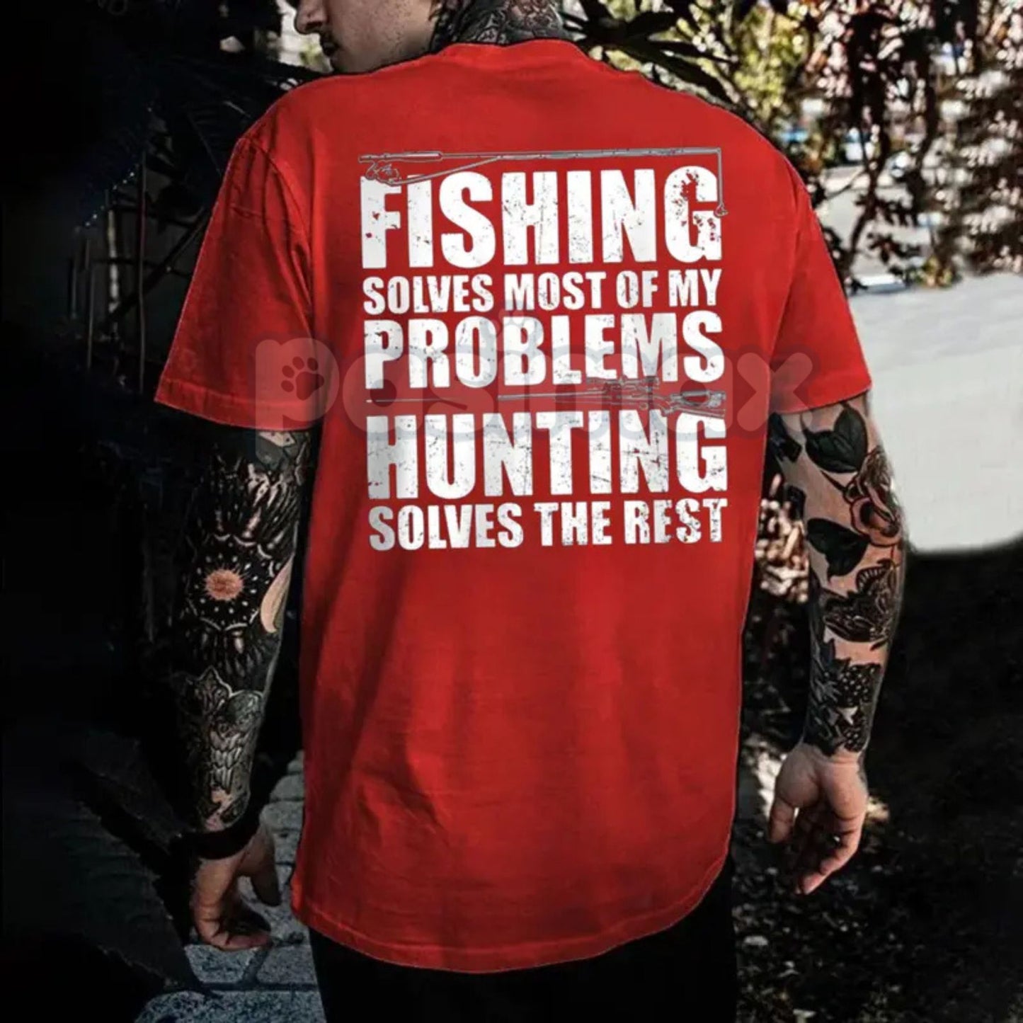 "Fishing Solves Most Of My Problems Hunting Solves The Rest" Shirt - Funny Hunter Angler Tee, Outdoor Sportsman Slogan Apparel, Casual Gift for Men and Women
