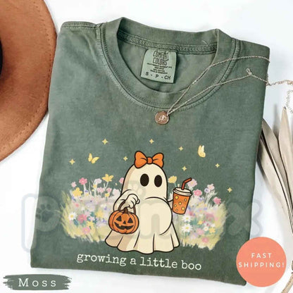 Comfort Colors® Growing A Little Boo Halloween Maternity T-Shirt – Funny Pregnancy Announcement Graphic Tee, Spooky Expecting Mom Unisex Top