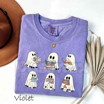 Comfort Colors® Halloween Bookshelf T-Shirt – Retro Ghost Reader Graphic Tee, Cozy Book Lover & Literature Unisex Top