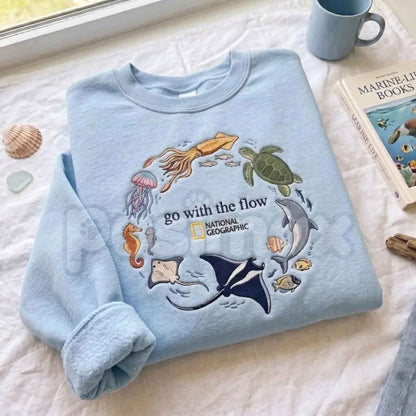 "Go With The Flow" Embroidered Sweatshirt – Marine Life Coastal Pullover