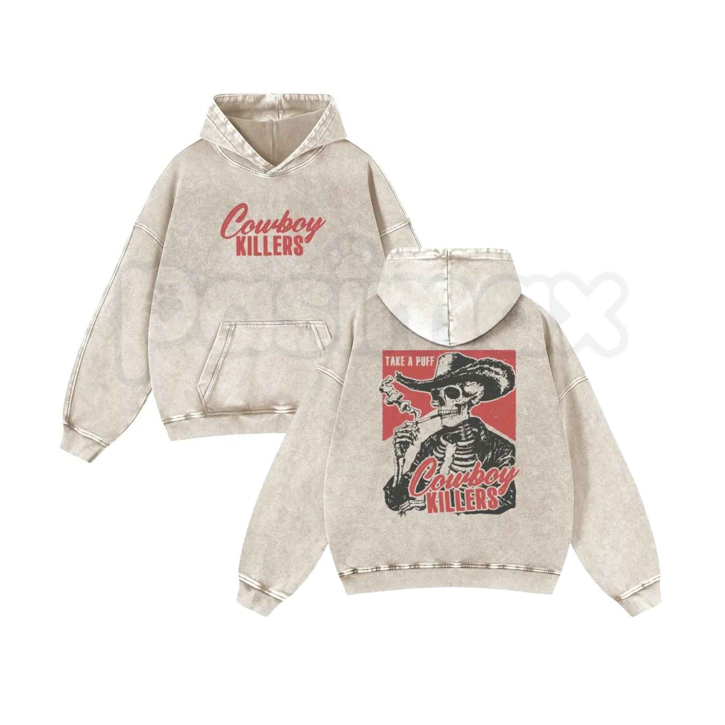 Retro Cowboy Killers Washed Hoodie – Vintage Aesthetic Graphic Pullover, Western Streetwear Style