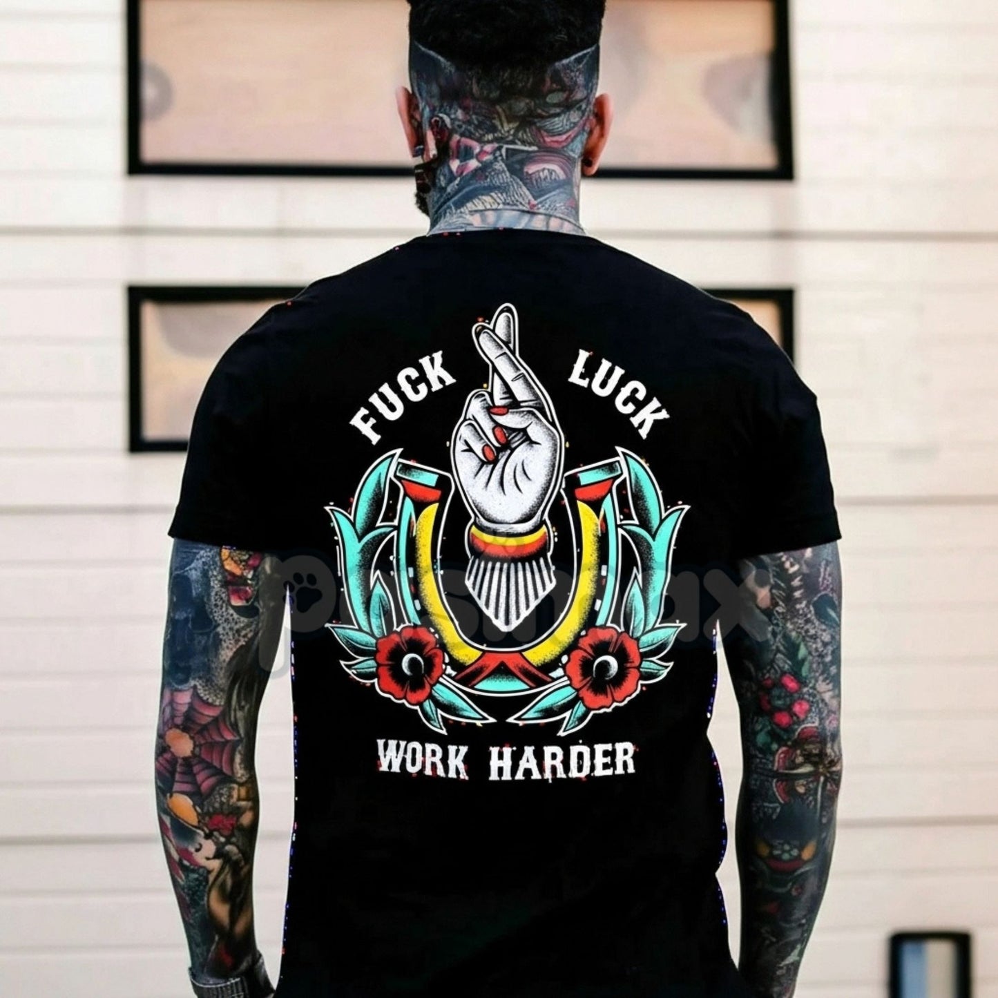 F*CK LUCK WORK HARDER Hand Flowers T-Shirt - Motivational Streetwear Graphic Tee, Inspirational Slogan Apparel, Unisex Contrast Print Top