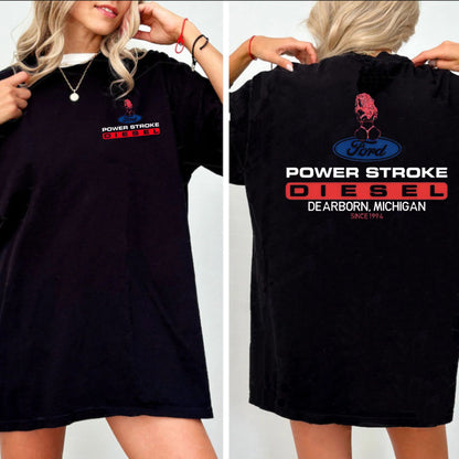 Power Stroke Logo T-Shirt with Lady Graphic - 2-Sided Tee for Truck & Car Enthusiasts, Unisex Style